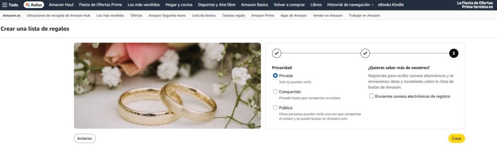 Crear lista de bodas en Amazon